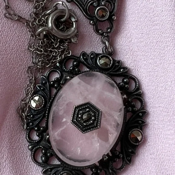 ANTIQUE ROSE QUARTZ MARCASITE STERLING SILVER NECKLACE PENDANT W/CHAIN GERMANY